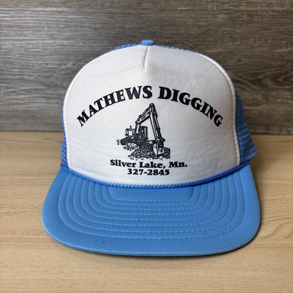 VINTAGE MATHEWS DIGGING Hat Cap Snap Back Blue White Trucker Excavator Mens 80s